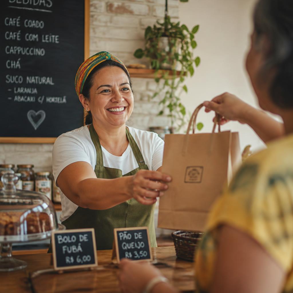 Comerciante sorridente entregando um pedido para uma cliente no balcão de uma padaria de bairro